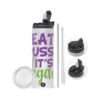 EAT pussy it's vegan, Travel Tumbler θερμό με διπλό καπάκι, μεταλλικό καλαμάκι και βούρτσα καθαρισμού (Ανωξείδωτο 304 Food grade, BPA free, 600ml)