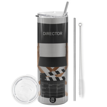 Director, Eco friendly stainless steel Silver tumbler 600ml, with metal straw & cleaning brush