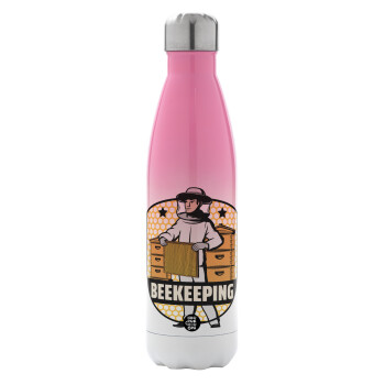 Beekeeping, Metal mug thermos Pink/White (Stainless steel), double wall, 500ml