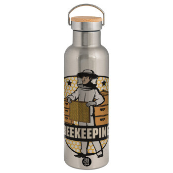 Beekeeping / Μελισσοκόμος, Μεταλλικό παγούρι θερμός (Stainless steel) Ασημένιο με ξύλινο καπακι (bamboo), διπλού τοιχώματος, 750ml