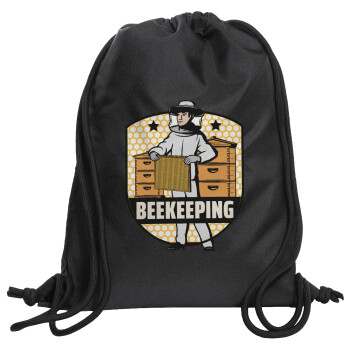 Beekeeping / Μελισσοκόμος, Τσάντα πλάτης πουγκί GYMBAG Μαύρη, με τσέπη (40x48cm) & χονδρά κορδόνια
