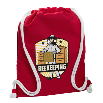Beekeeping, Τσάντα πλάτης πουγκί GYMBAG Κόκκινη, με τσέπη (40x48cm) & χονδρά κορδόνια