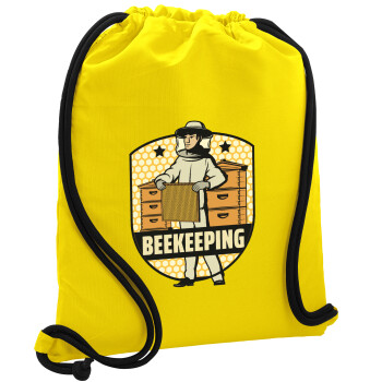 Beekeeping, Τσάντα πλάτης πουγκί GYMBAG Κίτρινη, με τσέπη (40x48cm) & χονδρά κορδόνια