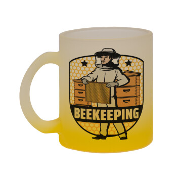 Beekeeping / Μελισσοκόμος, Κούπα γυάλινη δίχρωμη με βάση το κίτρινο ματ, 330ml