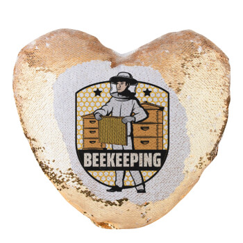 Beekeeping / Μελισσοκόμος, Μαξιλάρι καναπέ καρδιά Μαγικό Χρυσό με πούλιες 40x40cm περιέχεται το  γέμισμα