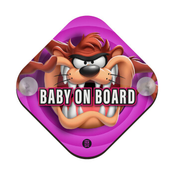 Taz, Σήμανση αυτοκινήτου Baby On Board ξύλινο με βεντουζάκια (16x16cm)