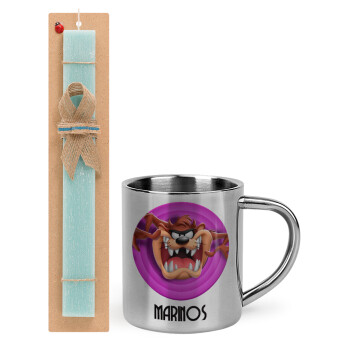 Taz, Easter Set, metallic thermal cup (300ml) & aromatic flat Easter candle (30cm) (TURQUOISE)