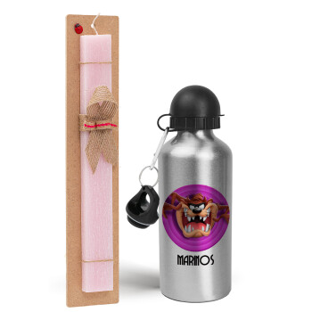 Taz, Easter Set, metallic Silver aluminum water bottle (500ml) & scented flat Easter candle (30cm) (PINK)