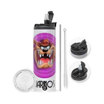 Taz, Travel Tumbler θερμό με διπλό καπάκι, μεταλλικό καλαμάκι και βούρτσα καθαρισμού (Ανωξείδωτο 304 Food grade, BPA free, 600ml)