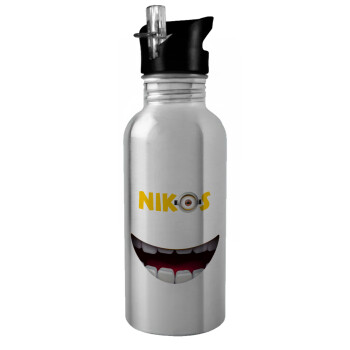 The minions, Water bottle Silver with straw, stainless steel 600ml