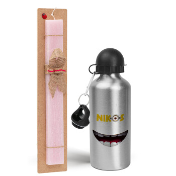 The minions, Easter Set, metallic Silver aluminum water bottle (500ml) & scented flat Easter candle (30cm) (PINK)