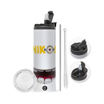 The minions, Travel Tumbler θερμό με διπλό καπάκι, μεταλλικό καλαμάκι και βούρτσα καθαρισμού (Ανωξείδωτο 304 Food grade, BPA free, 600ml)