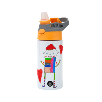 Ο Αλέξανδρος ζωγραφίζει την Αγάπη, Children's hot water bottle, stainless steel, with safety straw, Orange/Grey (360ml) BPA-FREE