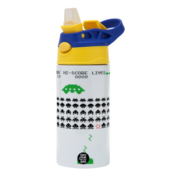 Space invaders, Children's hot water bottle, stainless steel, with safety straw, green, blue (360ml) BPA FREE