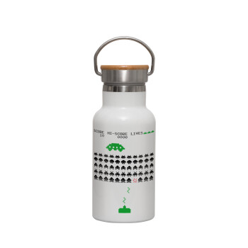 Space invaders, Metallic thermos (Stainless steel) White with wooden lid (bamboo), double-walled, 350ml