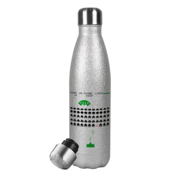 Space invaders, Metallic Glitter Silver Thermos Flask (Stainless steel), double-walled, 500ml