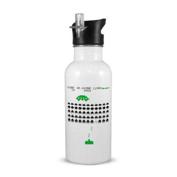 Space invaders, White water bottle with straw, stainless steel 600ml