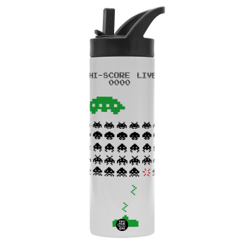Space invaders, Μεταλλικό παγούρι θερμός με καλαμάκι & χειρολαβή, ανοξείδωτο ατσάλι (Stainless steel 304), διπλού τοιχώματος, 600ml