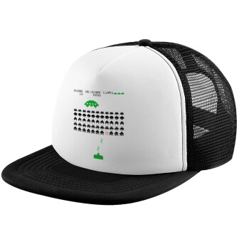 Space invaders, Adult Soft Trucker Hat with Black/White Mesh (POLYESTER, ADULT, UNISEX, ONE SIZE)