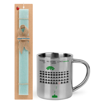 Space invaders, Easter Set, metallic thermal cup (300ml) & aromatic flat Easter candle (30cm) (TURQUOISE)