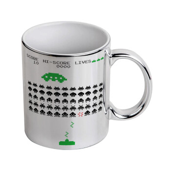 Space invaders, Mug ceramic, silver mirror, 330ml