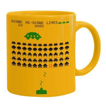Space invaders, Ceramic coffee mug yellow, 330ml (1pcs)