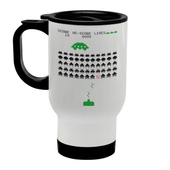 Space invaders, Stainless steel travel mug with lid, double wall white 450ml