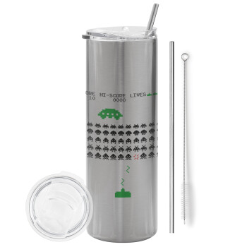 Space invaders, Eco friendly stainless steel Silver tumbler 600ml, with metal straw & cleaning brush