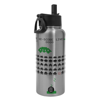 Space invaders, Metal mug thermo Silver with Straw and Spout Lid (Stainless steel), double wall, 950ml