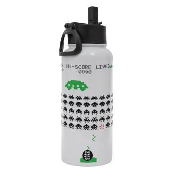 Space invaders, Metal mug thermo White with Straw and Spout Lid (Stainless steel), double wall, 950ml