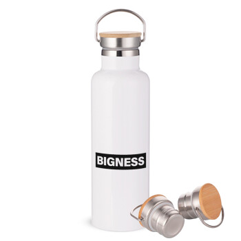 BIGNESS, Stainless steel White with wooden lid (bamboo), double wall, 750ml