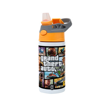 GTA V, Children's hot water bottle, stainless steel, with safety straw, Orange/Grey (360ml) BPA-FREE