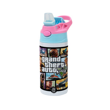 GTA V, Children's hot water bottle, stainless steel, with safety straw, Pink/BlueCiel (360ml) BPA FREE