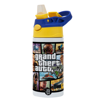 GTA V, Children's hot water bottle, stainless steel, with safety straw, green, blue (360ml) BPA FREE