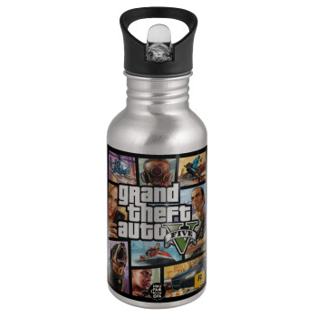 GTA V, Water bottle Silver with straw, stainless steel 500ml
