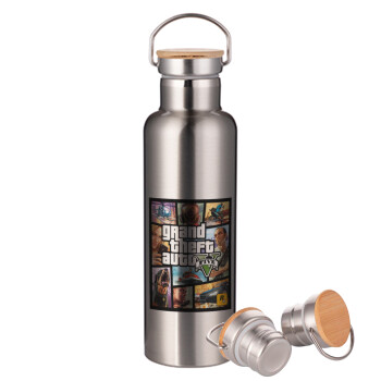 GTA V, Stainless steel Silver with wooden lid (bamboo), double wall, 750ml