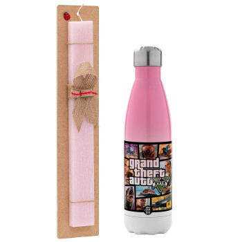 GTA V, Easter Set, Metallic pink/white (Stainless steel) thermos, double-walled, 500ml & aromatic flat Easter candle (30cm) (PINK)