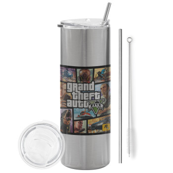 GTA V, Eco friendly stainless steel Silver tumbler 600ml, with metal straw & cleaning brush