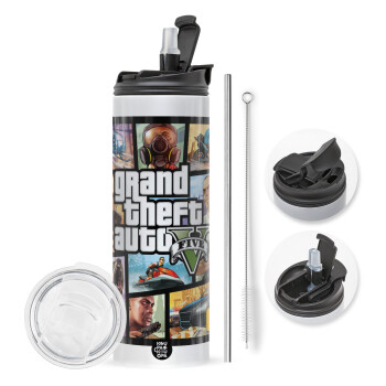 GTA V, Travel Tumbler θερμό με διπλό καπάκι, μεταλλικό καλαμάκι και βούρτσα καθαρισμού (Ανωξείδωτο 304 Food grade, BPA free, 600ml)