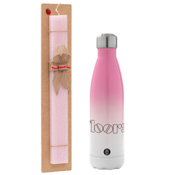 The Doors, Easter Set, Metallic pink/white (Stainless steel) thermos, double-walled, 500ml & aromatic flat Easter candle (30cm) (PINK)