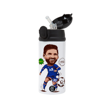 Lionel Messi drawing, Children's hot water bottle, stainless steel, with safety straw, Black (360ml) BPA-FREE