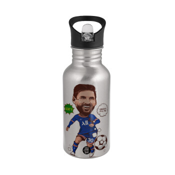 Lionel Messi drawing, Water bottle Silver with straw, stainless steel 500ml