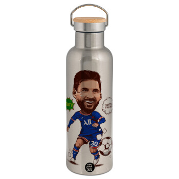 Lionel Messi drawing, Μεταλλικό παγούρι θερμός (Stainless steel) Ασημένιο με ξύλινο καπακι (bamboo), διπλού τοιχώματος, 750ml