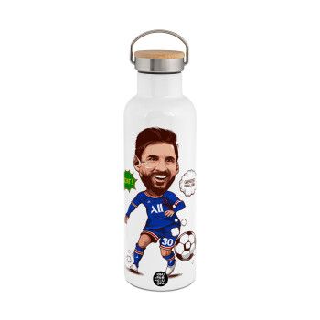 Lionel Messi drawing, Μεταλλικό παγούρι θερμός (Stainless steel) Λευκό με ξύλινο καπακι (bamboo), διπλού τοιχώματος, 750ml