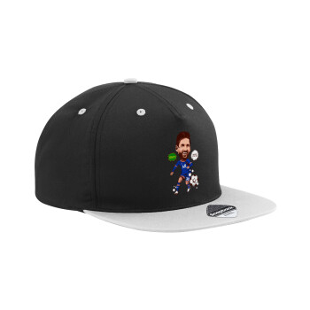 Lionel Messi drawing, Adult Flat Snapback Hat Black/Grey, (100% COTTON TWILL, ADULT, UNISEX, ONE SIZE)