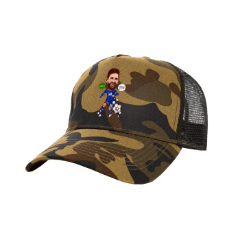 Lionel Messi drawing, Adult Structured Trucker Hat, with Mesh, (Camouflage) Army (100% COTTON, ADULT, UNISEX, ONE SIZE)