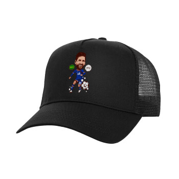 Lionel Messi drawing, Structured Trucker Adult Hat, with Mesh, Black (100% COTTON, ADULT, UNISEX, ONE SIZE)