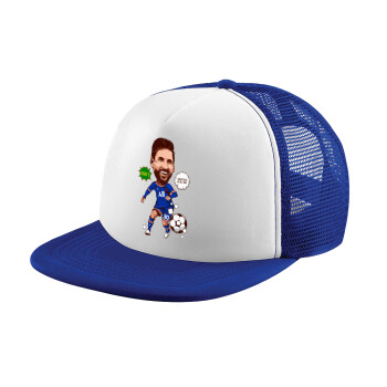 Lionel Messi drawing, Adult Soft Trucker Hat with Blue/White Mesh (POLYESTER, ADULT, UNISEX, ONE SIZE)