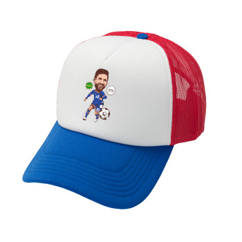 Lionel Messi drawing, Adult Soft Trucker Hat with Red/Blue/White Mesh (POLYESTER, ADULT, UNISEX, ONE SIZE)