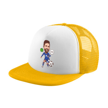 Lionel Messi drawing, Adult Soft Trucker Hat with Yellow/White Mesh (POLYESTER, ADULT, UNISEX, ONE SIZE)